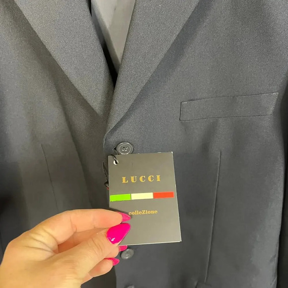 NWT Lucci Collezione‎ Men's 48R Navy Hand Tailored Peaked Lapel Suit Jacket - Picture 2 of 7